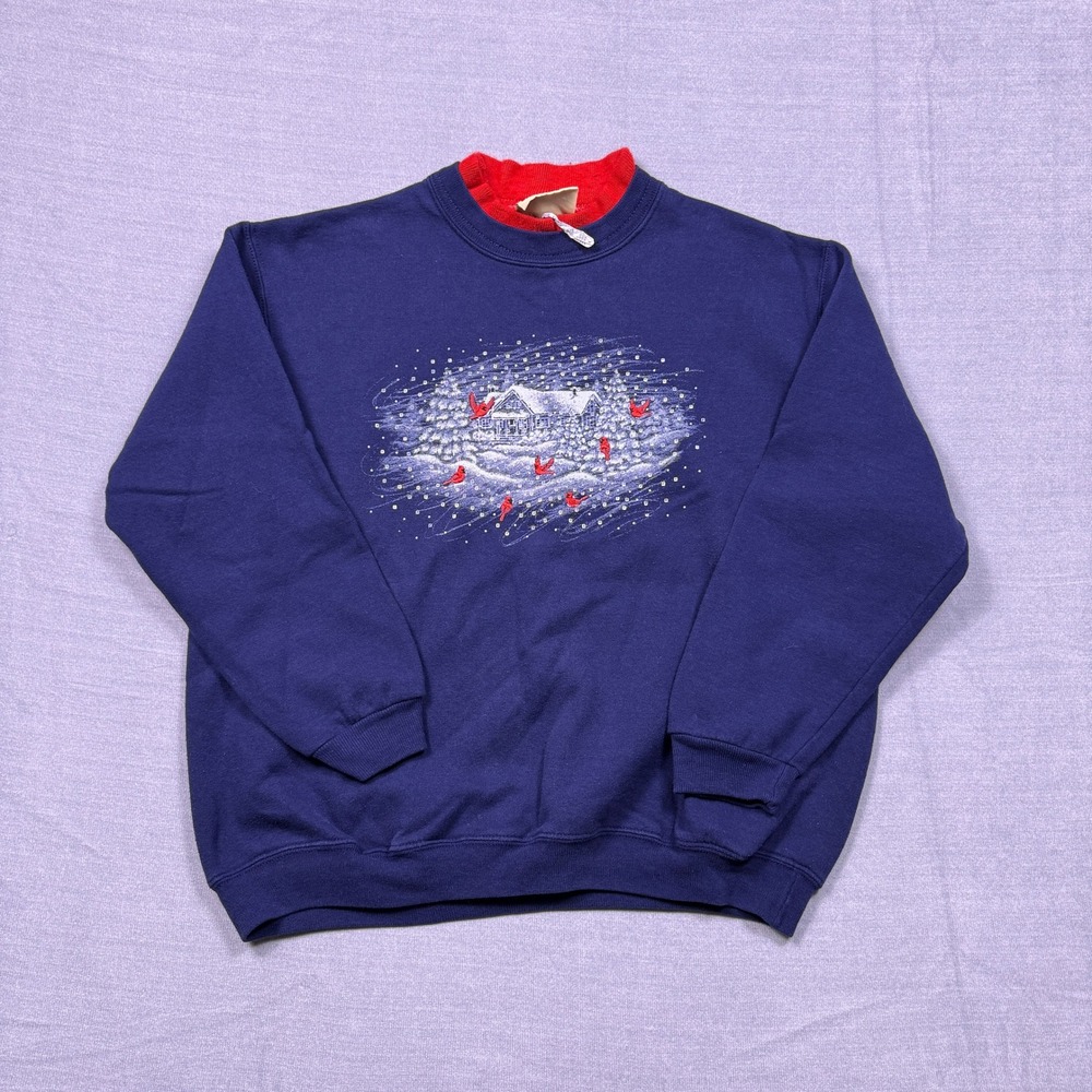 Vintage Top Stitch by Morning Sun M Petite Blue Cardinal‎ House Snow Sweatshirt